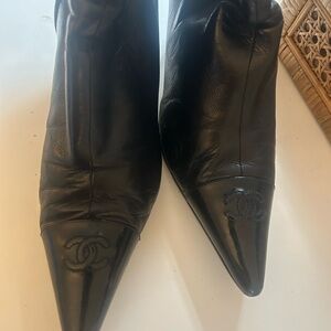 CHANEL Black Leather Heeled Boots